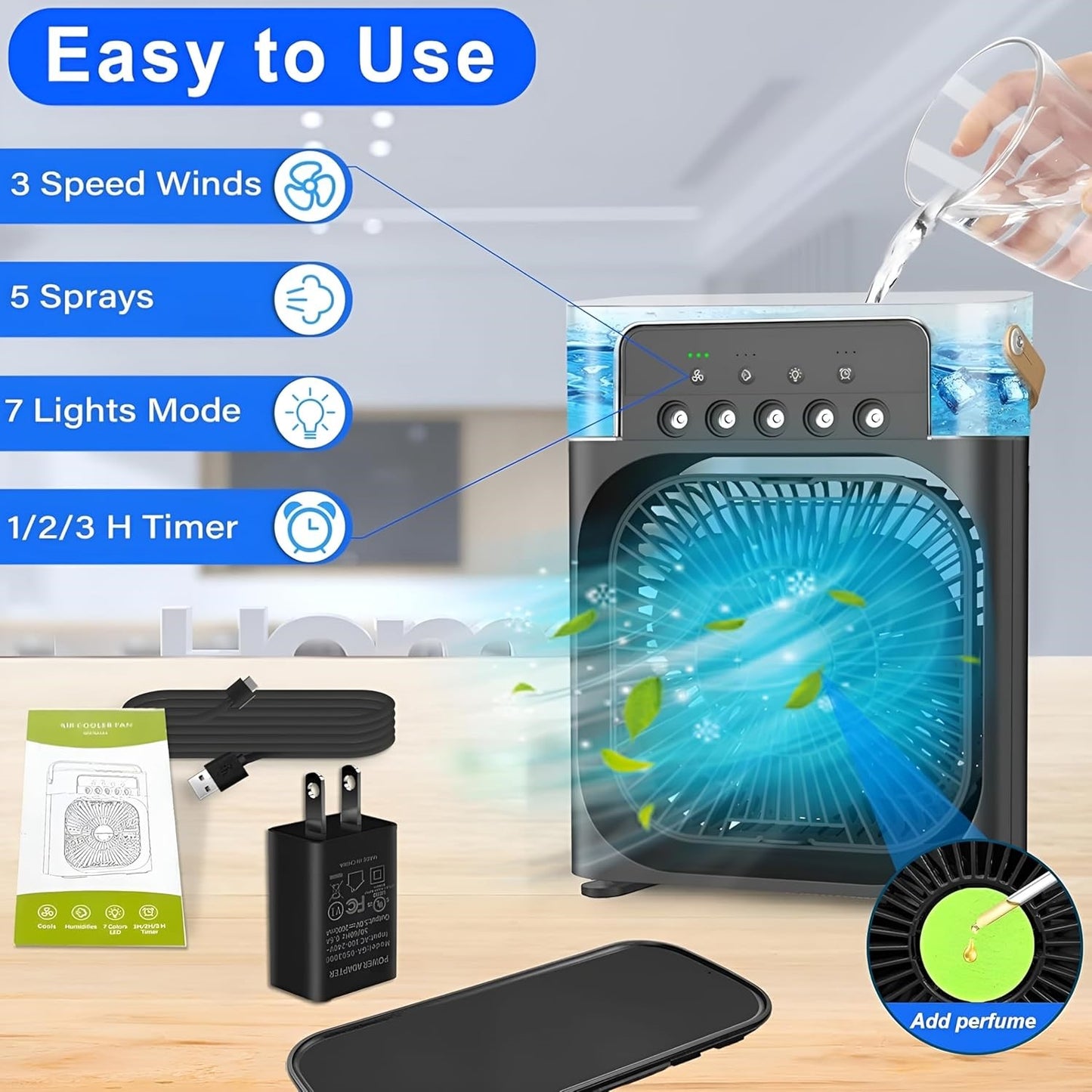 Portable Air Conditioners - Small AC Quiet Personal Air Cooler, USB Powered Mini Desktop Cooling Misting Fan, 1 | 2 | 3 Timer with 3 Speeds, 360°Adjustment for Office, Home, Room, Desk and Car