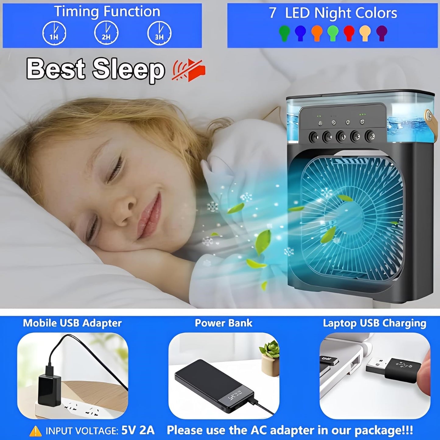 Portable Air Conditioners - Small AC Quiet Personal Air Cooler, USB Powered Mini Desktop Cooling Misting Fan, 1 | 2 | 3 Timer with 3 Speeds, 360°Adjustment for Office, Home, Room, Desk and Car